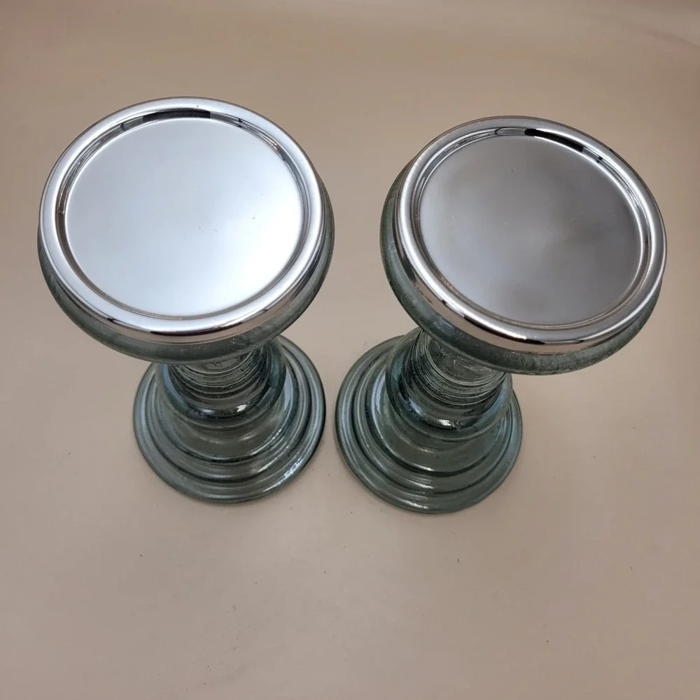 Green Seeded Crackle Glass Pillar Candle Holders Silver Trim Set of 2 8.5 Inch